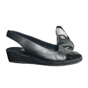 Andre Assous Black Leather Slingback Espadrille Wedge Sandals Size 8M